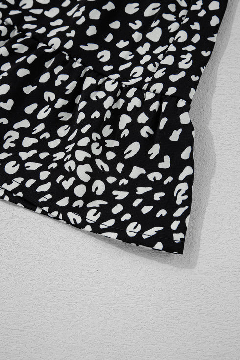 Black Leopard Print Ruffled Short Sleeve Keyhole Back Tiered Flowy Plus Size Blouse